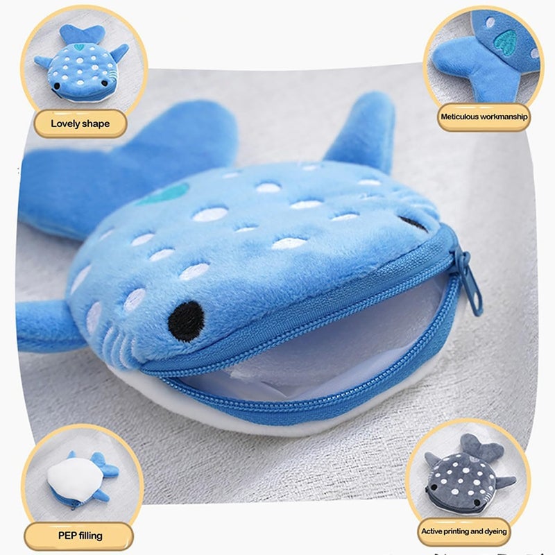 Tazweeq 2-Piece Shark Coin Purse Set - Adorable Plush Zipper Keychain Pouches in Gray and Blue - Image 5
