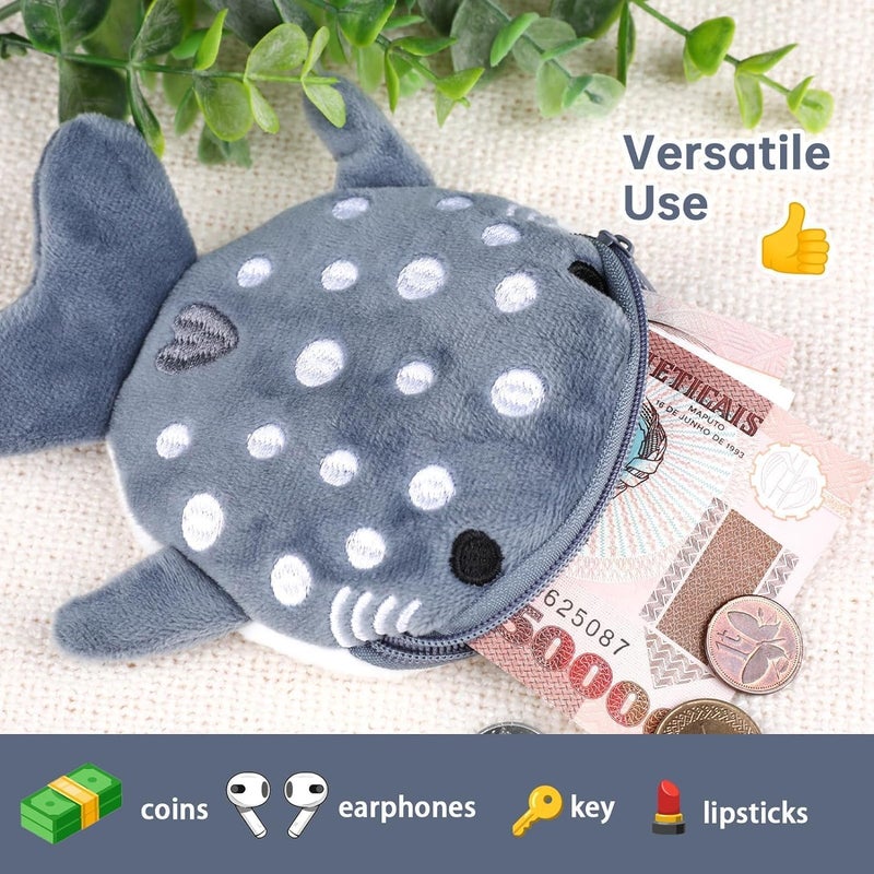 Tazweeq 2-Piece Shark Coin Purse Set - Adorable Plush Zipper Keychain Pouches in Gray and Blue - Image 4