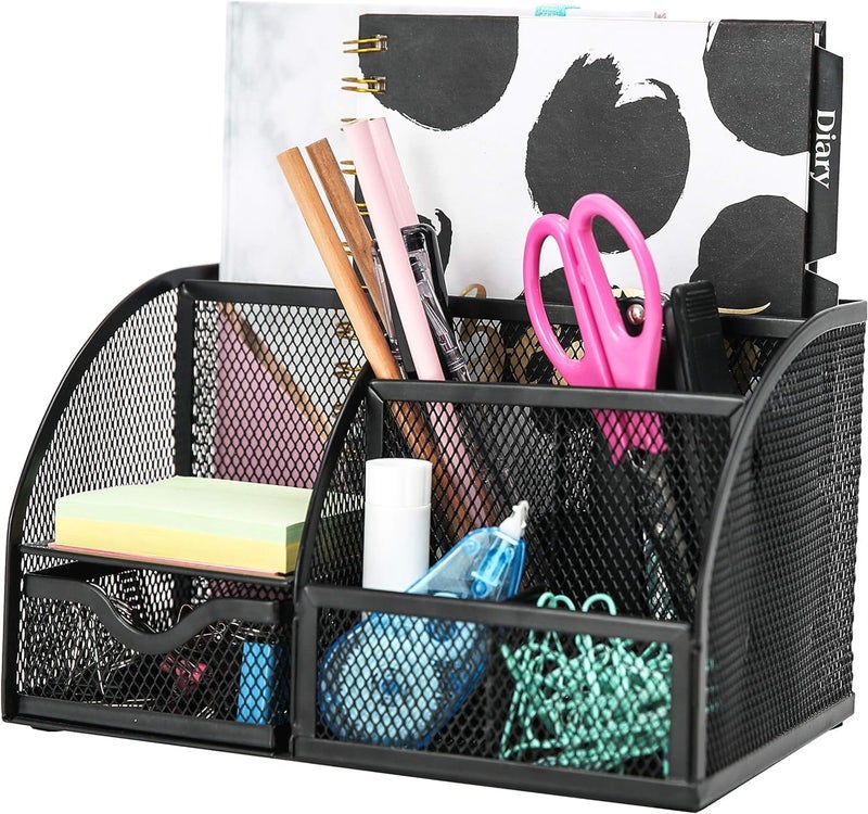 VALUXE Mesh Desk Organizer Pencil Holder with Drawer - All in One Pen Holder for Desk, Multi-Functional Caddy Pen Holder Stationery Desk Accessories Organizer for Office, Home, School, Classroom - Image 1