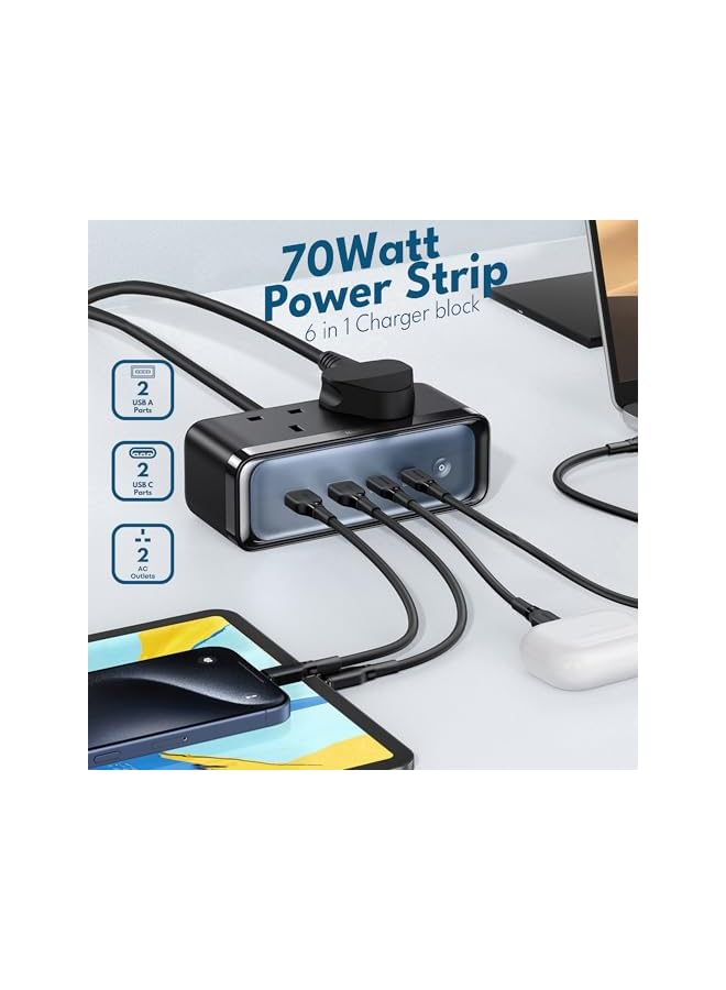 PROMASS 70W Power Strip Extension Cord USB C - 6-in-1 Pro Fast Charger Station Multiport Extension Cable with UK Plug Electric Extension Lead - 2×AC Outlets - 2×USB C - 2×USB A - 1.5M Wire for Home and Office - Image 2