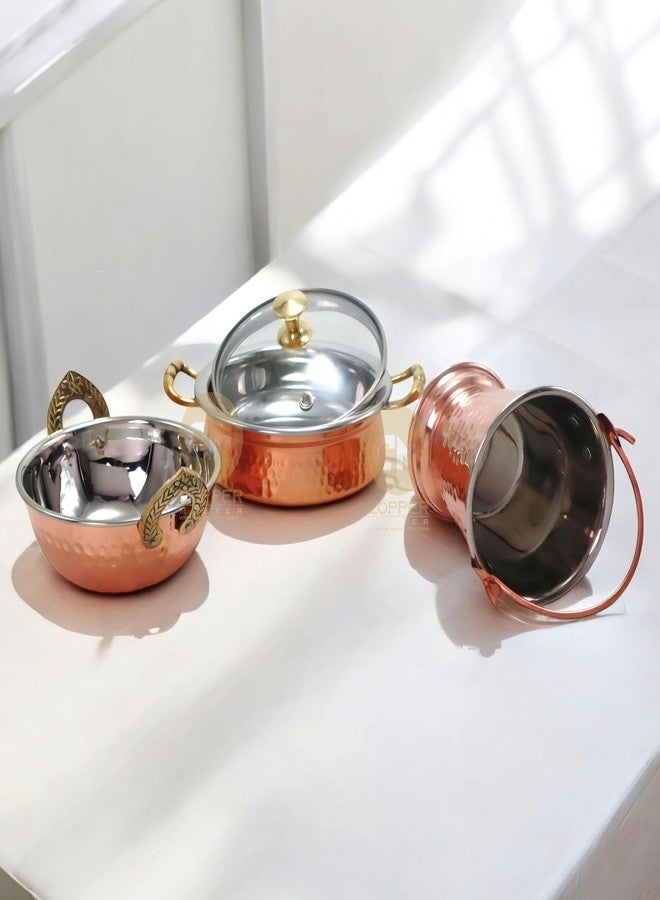 Copper-Master Copper Master® Copper Steel 1 Bucket, 2 Handi, 2 Kadai, Serveware & Tableware Set (Pack of 5) - Image 2