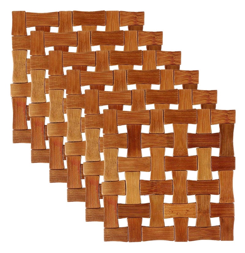 Kuber Industries Bamboo Wooden Coaster, Pan Pot Holder Heat Insulation Pad, Square 16 x 16 cm (Set of 6, Brown)-KUBMART2858 - Image 1
