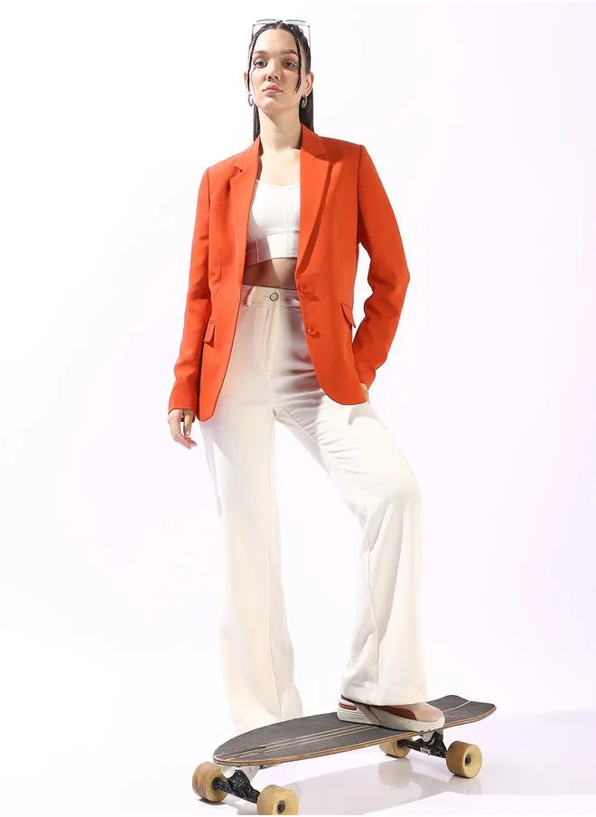 هوبرهولمي Women's Orange Polyester Blend Solid Tailored Fit Blazer
