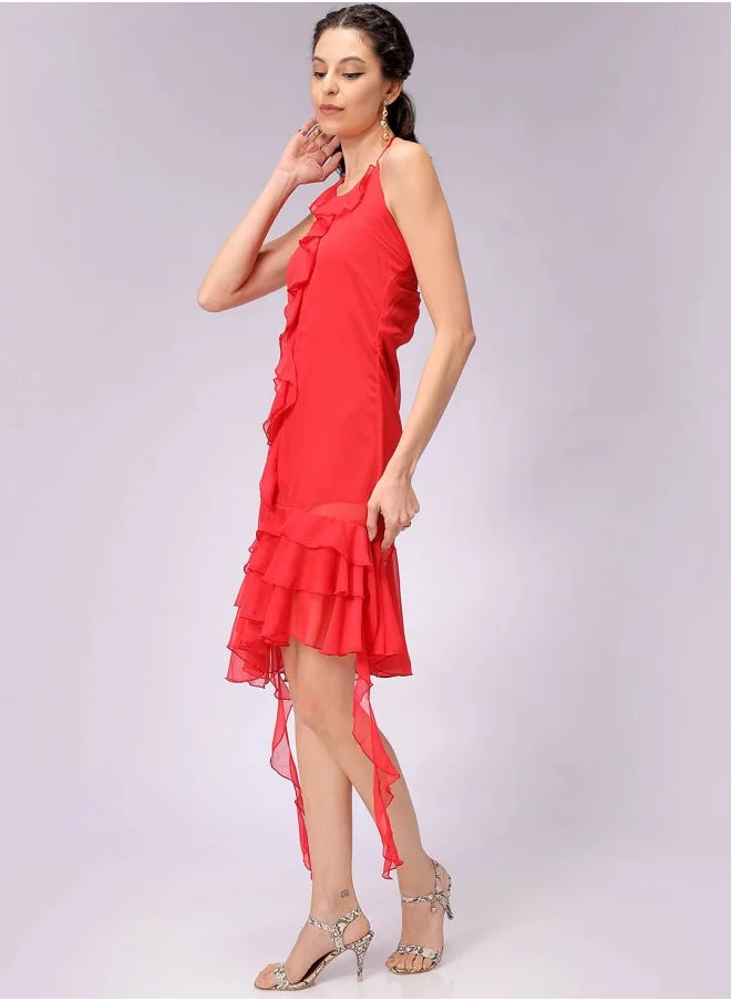 مرفوعة Women Fitted Party Wear Solid Ruffle Dress