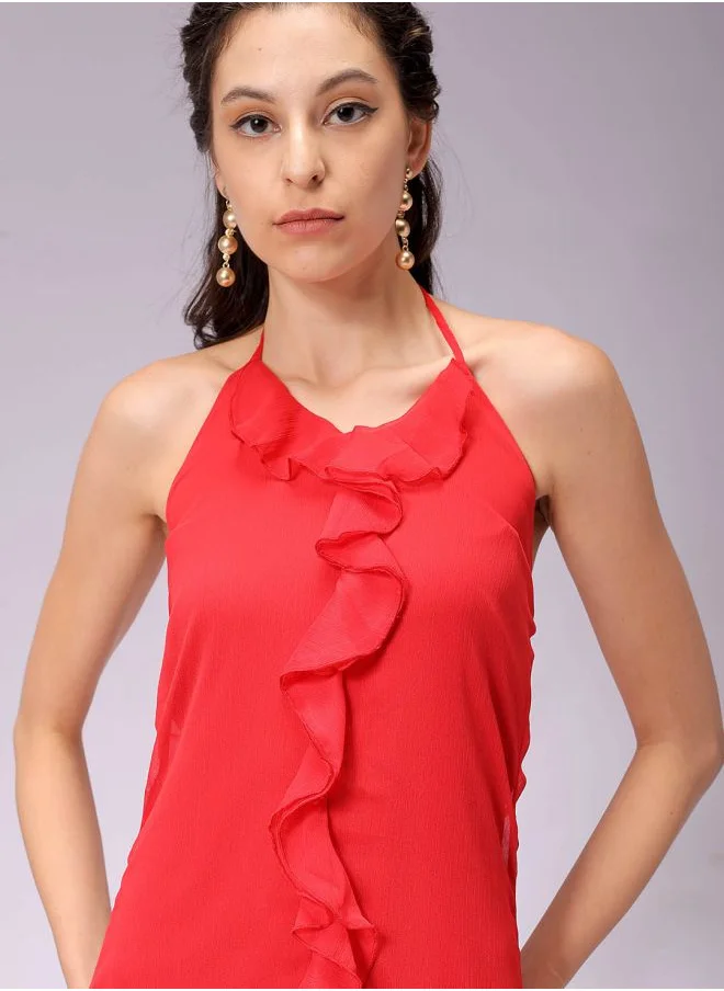 مرفوعة Women Fitted Party Wear Solid Ruffle Dress