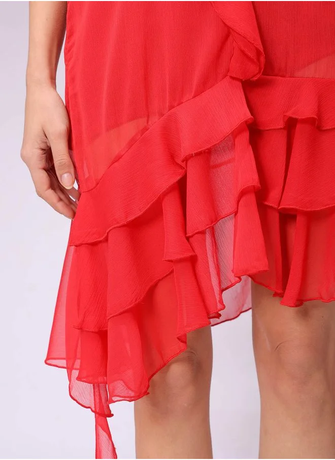مرفوعة Women Fitted Party Wear Solid Ruffle Dress
