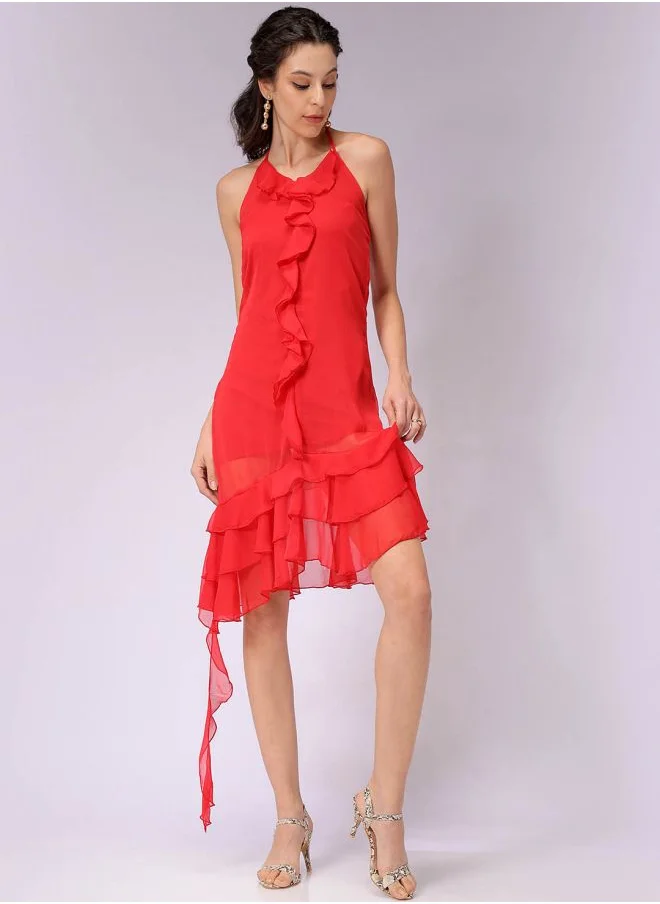 Freehand Women Fitted Party Wear Solid Ruffle Dress
