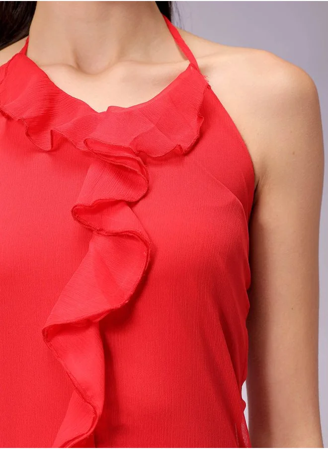 مرفوعة Women Fitted Party Wear Solid Ruffle Dress