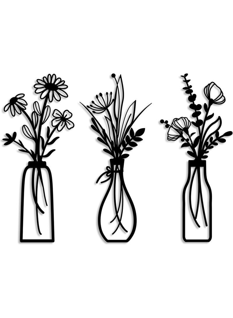 Soofam 3 Pieces Metal Flowers Wall Arts - Rustic Farmhouse Decor，Black Minimalist Flower Wall Decors for Living room Bathroom Bedroom Dining Room - Housewarming Gifts(Black, Vase-C) - Image 1