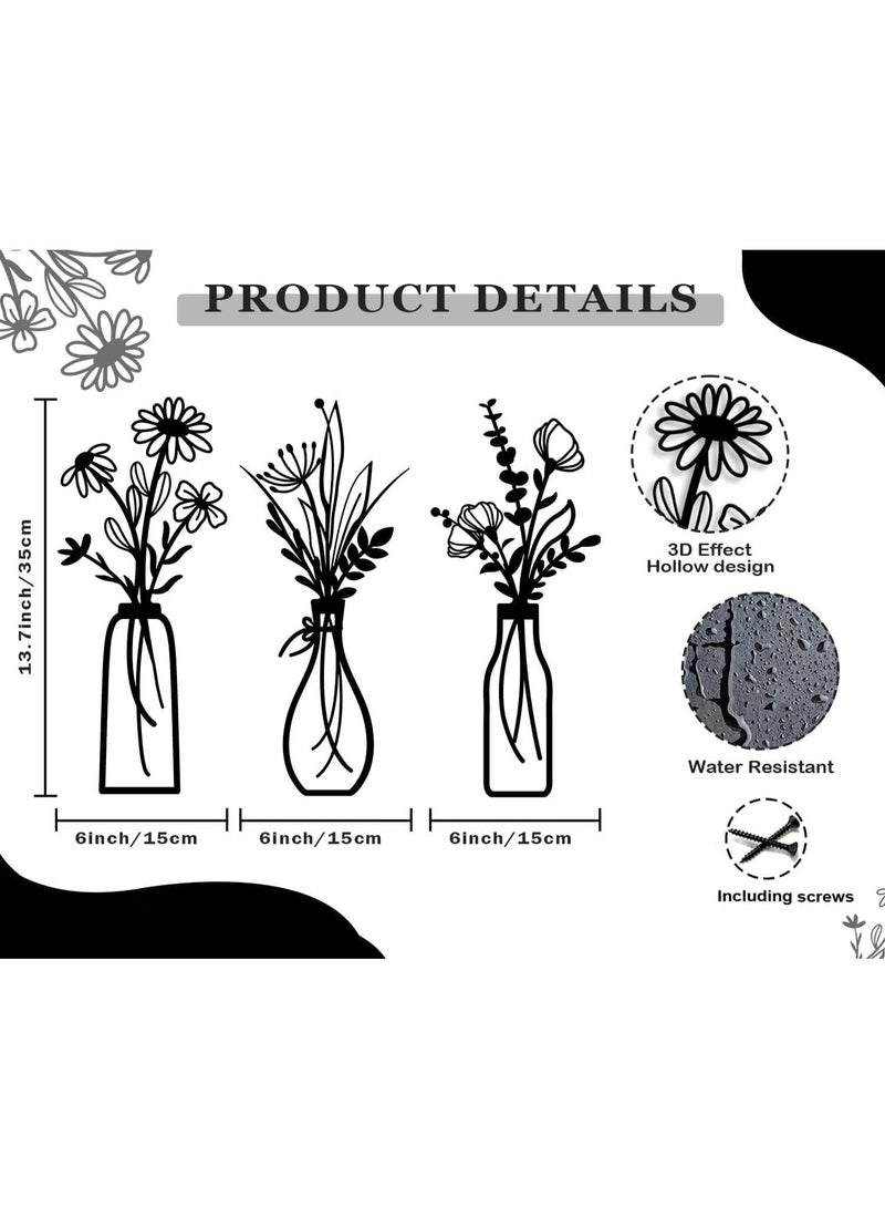Soofam 3 Pieces Metal Flowers Wall Arts - Rustic Farmhouse Decor，Black Minimalist Flower Wall Decors for Living room Bathroom Bedroom Dining Room - Housewarming Gifts(Black, Vase-C) - Image 2