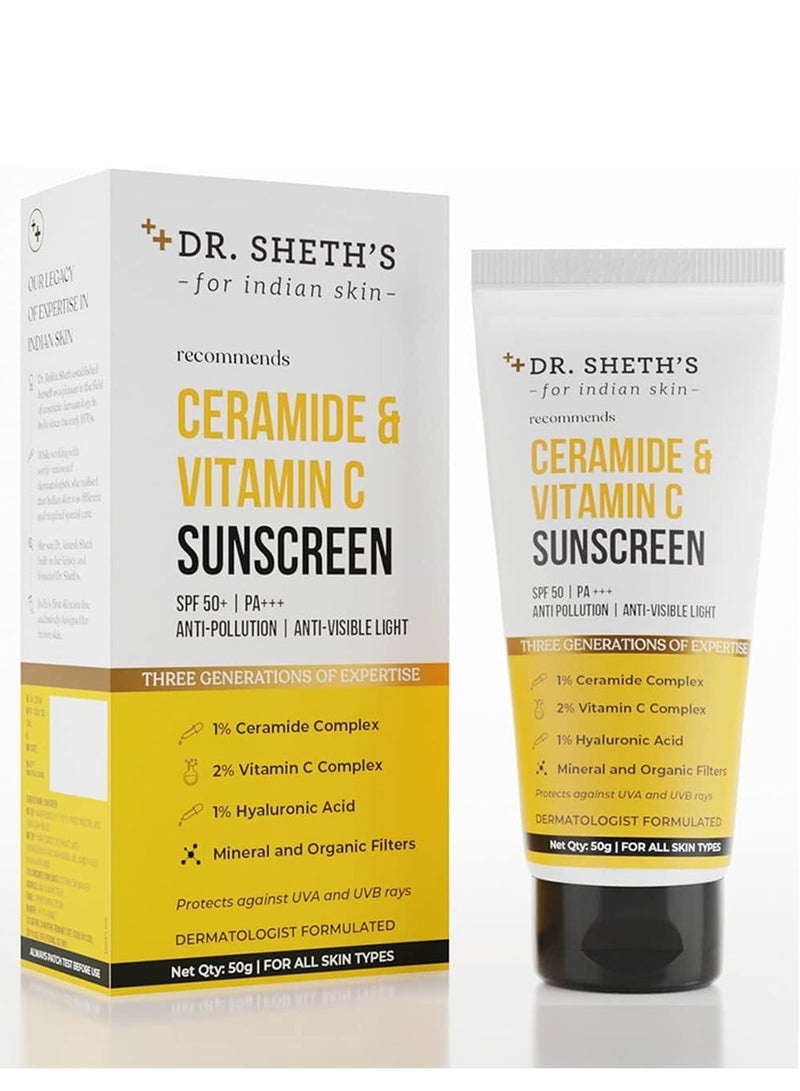 Dr. Sheth's Sunscreen SPF 50 Cream with Ceramide & Vitamin C for Oily, Sensitive, Dry Skin | For Intense Hydration | Non Greasy, Quick Absorbing | Zero White Cast | PA+++ | For Women & Men | 50g - Image 1