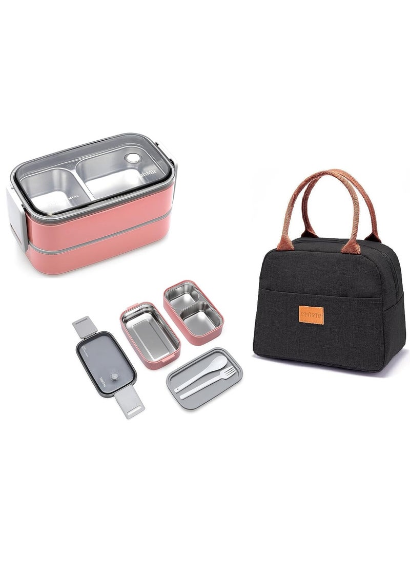 MahMir Stainless Steel Lunch Box - Insulated Bento Box Multifunctional-Containers Lunch Box with 2 Compartments & Tableware(304 stainless steel) lunch box with Lunch MahMir Lunch bag ( Pink + Lunch bag)  - Image 1