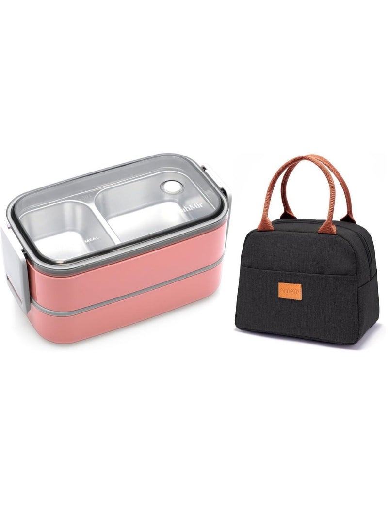 MahMir Stainless Steel Lunch Box - Insulated Bento Box Multifunctional-Containers Lunch Box with 2 Compartments & Tableware(304 stainless steel) lunch box with Lunch MahMir Lunch bag ( Pink + Lunch bag)  - Image 2