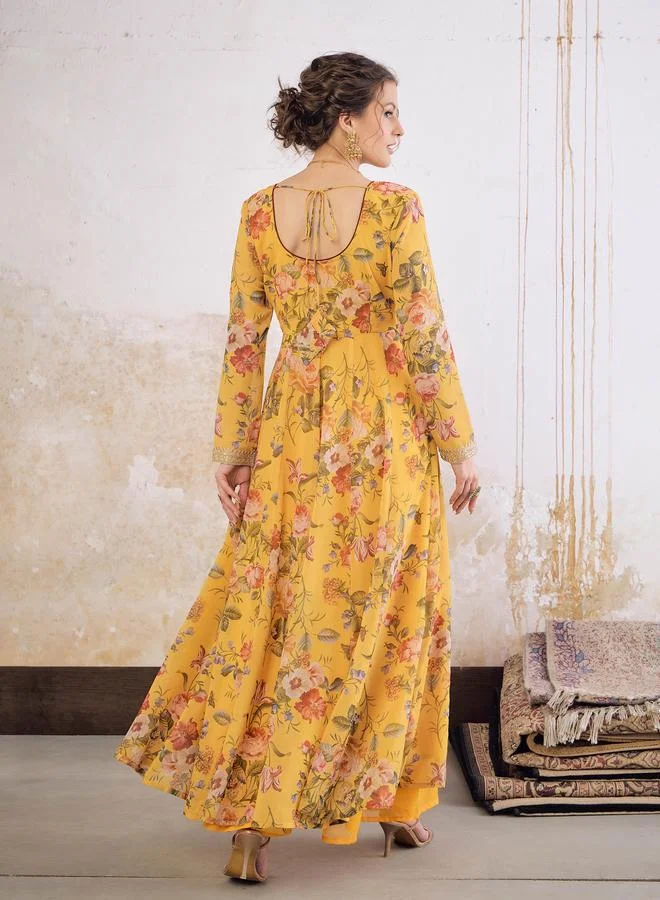 SASSAFRAS SASSAFRAS Yellow Floral Print Sweetheart Neck Anarkali Kurta