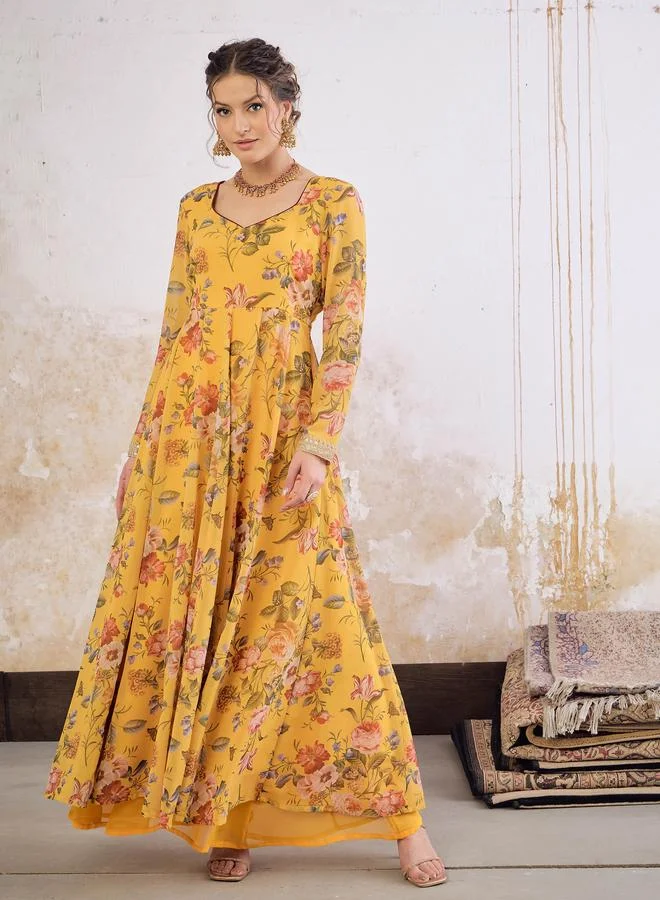 SASSAFRAS SASSAFRAS Yellow Floral Print Sweetheart Neck Anarkali Kurta