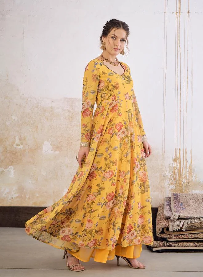 SASSAFRAS SASSAFRAS Yellow Floral Print Sweetheart Neck Anarkali Kurta