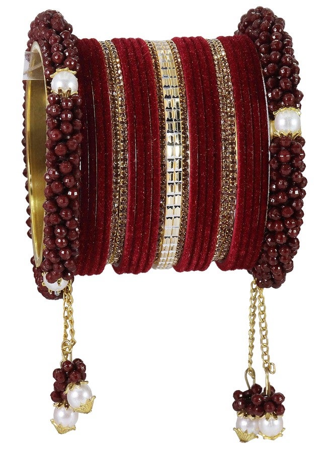 LAVAZZA Premium Golden Latkan Bridal Chuda Set For Women & Girls with Pearls & Zircon Stone | Maroon Chuda | Stone Bangles for Women | Stylish Chuda Set-(Chuda10-Maroon-2.4) - Image 4
