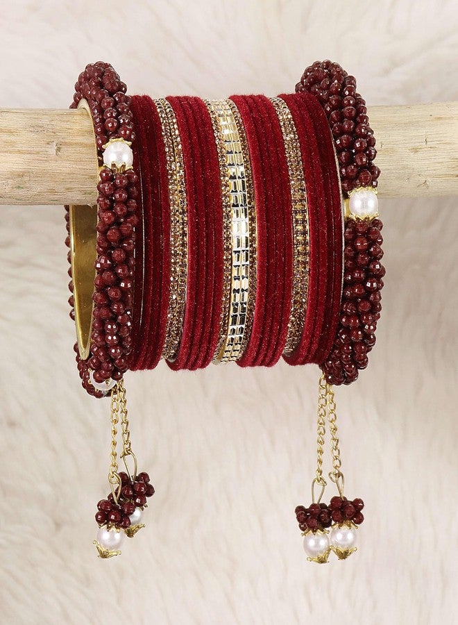 LAVAZZA Premium Golden Latkan Bridal Chuda Set For Women & Girls with Pearls & Zircon Stone | Maroon Chuda | Stone Bangles for Women | Stylish Chuda Set-(Chuda10-Maroon-2.4) - Image 2