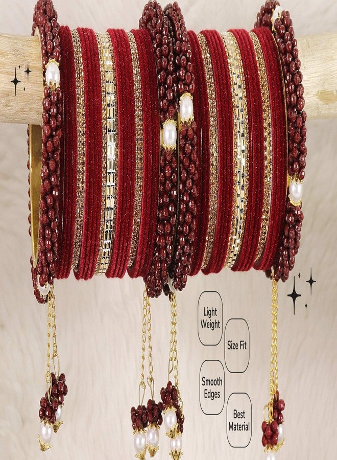 LAVAZZA Premium Golden Latkan Bridal Chuda Set For Women & Girls with Pearls & Zircon Stone | Maroon Chuda | Stone Bangles for Women | Stylish Chuda Set-(Chuda10-Maroon-2.4) - Image 5