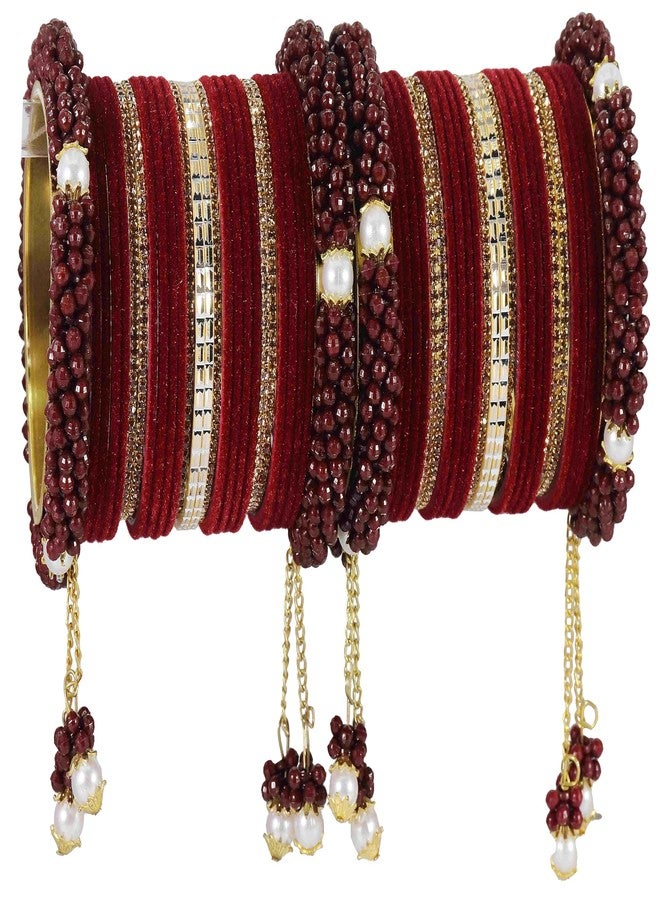 LAVAZZA Premium Golden Latkan Bridal Chuda Set For Women & Girls with Pearls & Zircon Stone | Maroon Chuda | Stone Bangles for Women | Stylish Chuda Set-(Chuda10-Maroon-2.4) - Image 1