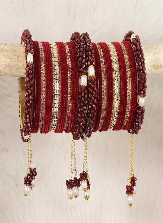 LAVAZZA Premium Golden Latkan Bridal Chuda Set For Women & Girls with Pearls & Zircon Stone | Maroon Chuda | Stone Bangles for Women | Stylish Chuda Set-(Chuda10-Maroon-2.4) - Image 3