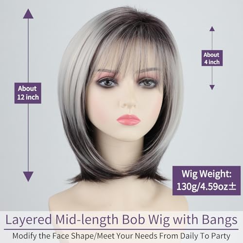 RENERSHOW Medium Length Bob Wig with Bangs for White Women Layered Blonde Balayage Bob Straight Hair Wig Natural Synthetic Hair Replacement Wig Ombre Platinum with Brown Wig - Image 3