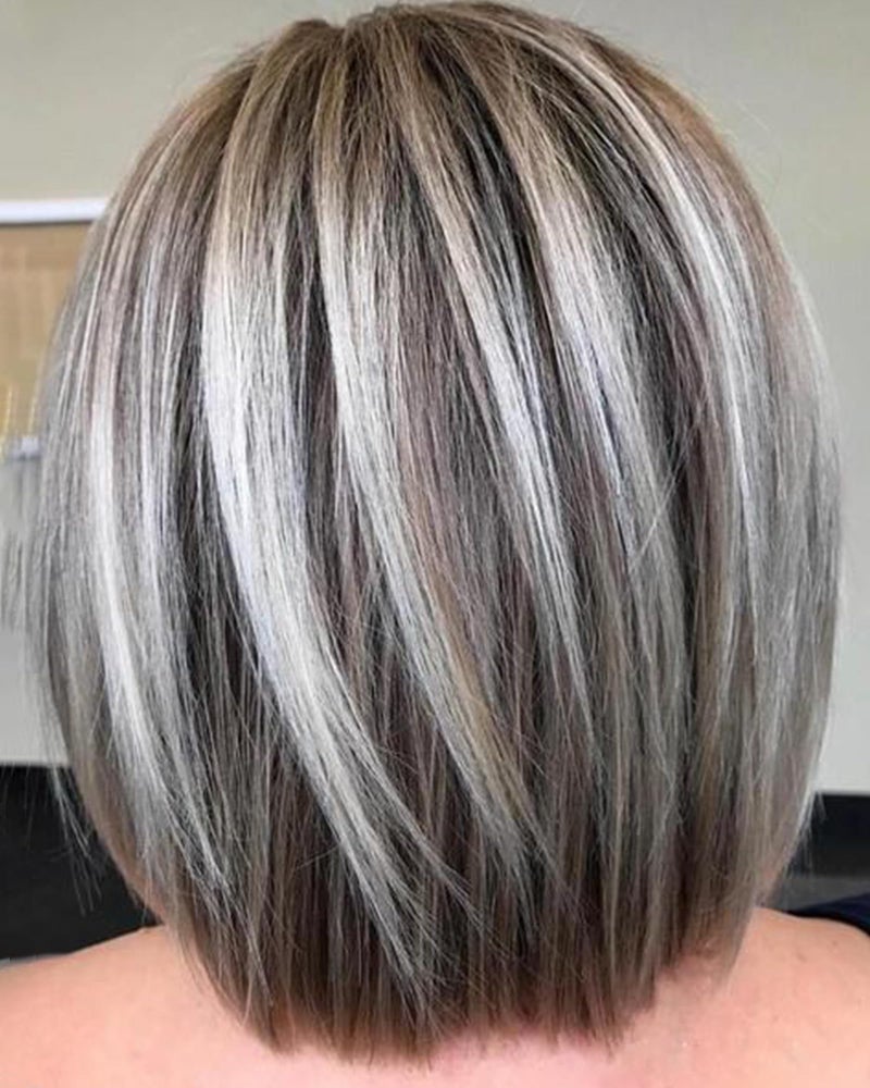 RENERSHOW Medium Length Bob Wig with Bangs for White Women Layered Blonde Balayage Bob Straight Hair Wig Natural Synthetic Hair Replacement Wig Ombre Platinum with Brown Wig - Image 1