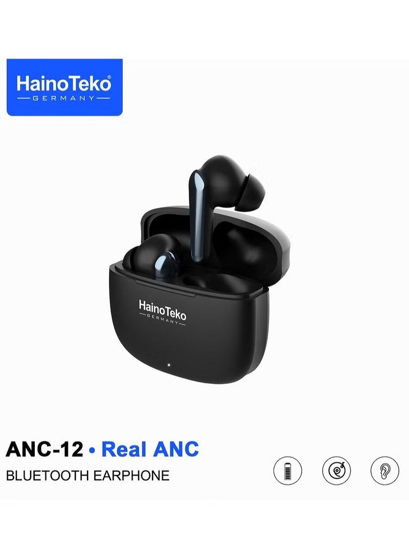 Haino Teko ANC-12 Real ANC Bluetooth Earphones with Active Noise Cancellation, High Bass Sound Quality, Super Clear Microphone, Easy Touch Controls, Compatible with iPhones & iPads – Black - Image 1
