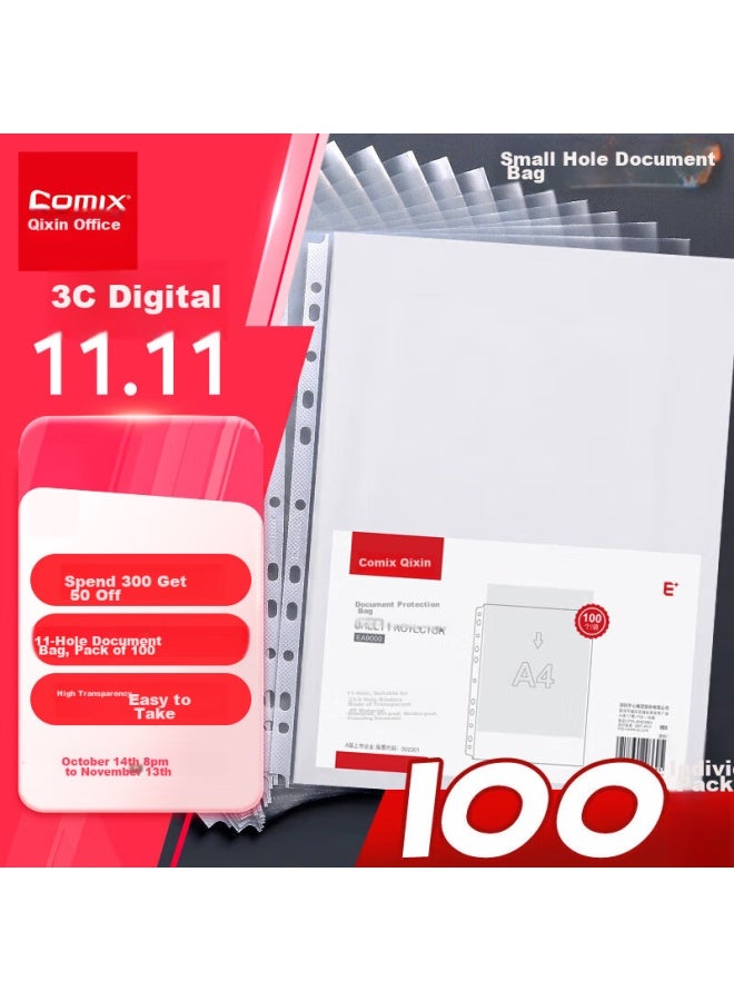 كوميكس Comix 100-pack 11-hole مجلدات وثائق، جيوب إعادة ملء أوراق مفكوكة، جيوب A4 11-hole، أغلفة وثائق شفافة، واقيات ملفات، متوافق مع مجلدات Quick-clip Ea9000 - Image 1