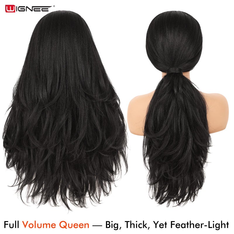 WIGNEE 26 Inch Wavy Yaki U Part Wig Synthetic V Part Half Wig for Black Women Natural Kinky Straight Wavy Wig Long Glueless Half Wig Easy Wear (1B Jet Black) - Image 5