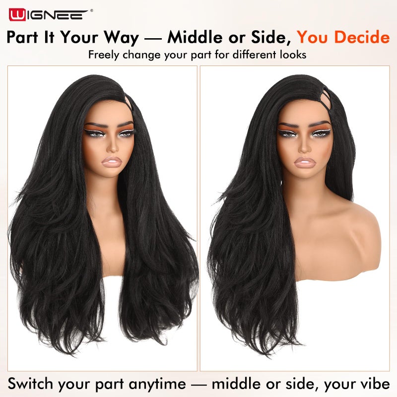 WIGNEE 26 Inch Wavy Yaki U Part Wig Synthetic V Part Half Wig for Black Women Natural Kinky Straight Wavy Wig Long Glueless Half Wig Easy Wear (1B Jet Black) - Image 3
