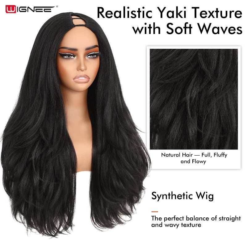WIGNEE 26 Inch Wavy Yaki U Part Wig Synthetic V Part Half Wig for Black Women Natural Kinky Straight Wavy Wig Long Glueless Half Wig Easy Wear (1B Jet Black) - Image 2