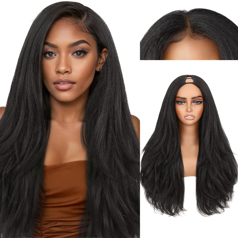 WIGNEE 26 Inch Wavy Yaki U Part Wig Synthetic V Part Half Wig for Black Women Natural Kinky Straight Wavy Wig Long Glueless Half Wig Easy Wear (1B Jet Black) - Image 1