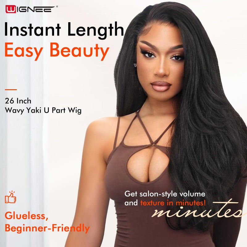 WIGNEE 26 Inch Wavy Yaki U Part Wig Synthetic V Part Half Wig for Black Women Natural Kinky Straight Wavy Wig Long Glueless Half Wig Easy Wear (1B Jet Black) - Image 4