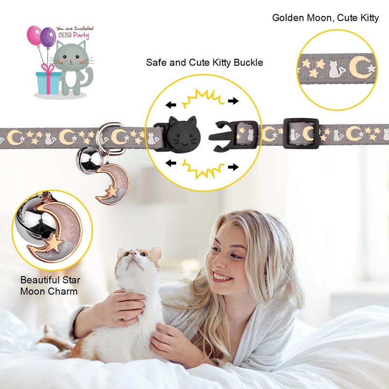 Baeuppit 4PCS Cat Collar with Bells,Breakaway Cat Collars,Moons Stars Cute Kitty Adjustable Safe Kitten Collars Pendant Glow in The Dark,Cat Collars for Boy Cats 8.0-13.0 Inch(Black&Grey&Deep Green&Orange) - Image 3