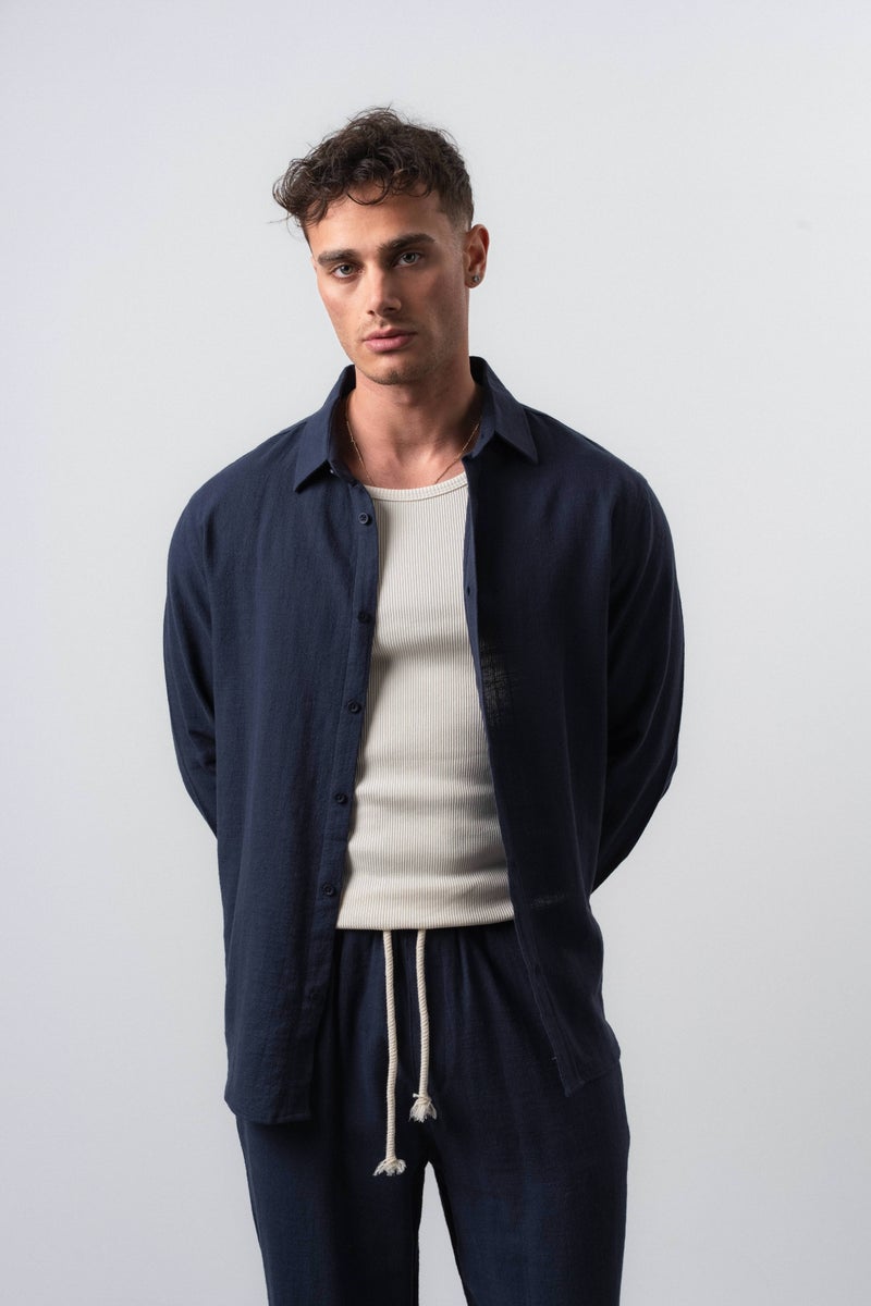 RESPIRE Men's R Embroidered Long-Sleeve Oversize Shirt Navy Blue - Image 3