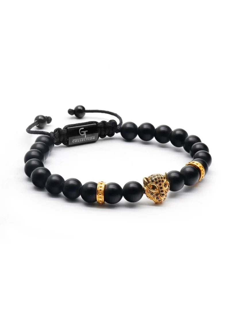 Lunnora Black Black Onyx Beads Handmade Natural Stone Bead Bracelet – Bracelet for Men, Men’s Bracelet, Gifts for Men, Bracelets for Men – With Golden Leopard Head, Adjustable One Size Fits All for Men | Best Price UAE