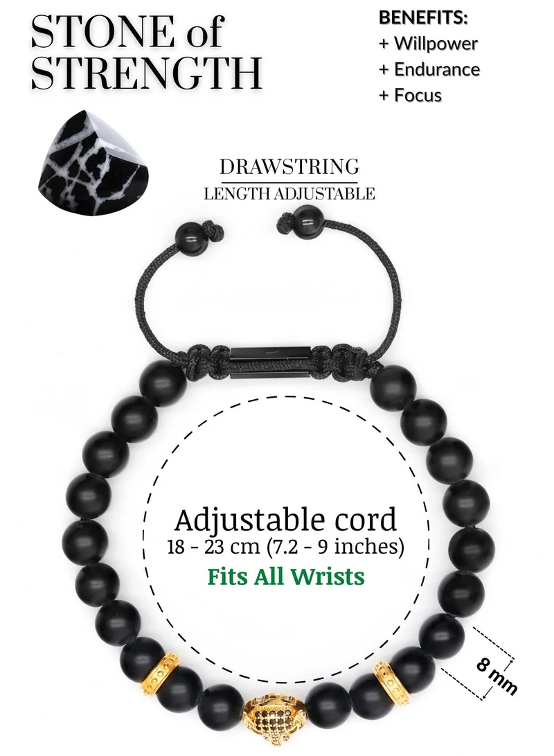 Lunnora Black Black Onyx Beads Handmade Natural Stone Bead Bracelet – Bracelet for Men, Men’s Bracelet, Gifts for Men, Bracelets for Men – With Golden Leopard Head, Adjustable One Size Fits All for Men | Best Price UAE