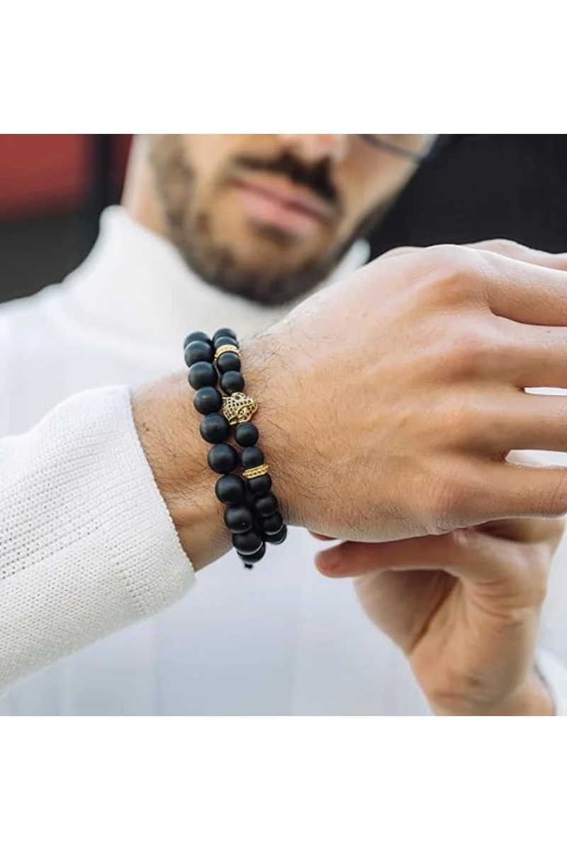 لونورا خرز العقيق الأسود سوار خرز من الحجر الطبيعي مصنوع يدويًا – سوار للرجال، سوار رجالي، هدية للرجال، أساور للرجال – مع رأس فهد ذهبي، قابل للتعديل بمقاس واحد للجميع