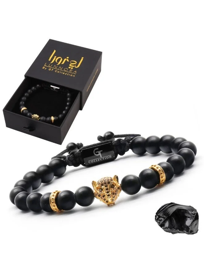 لونورا خرز العقيق الأسود سوار خرز من الحجر الطبيعي مصنوع يدويًا – سوار للرجال، سوار رجالي، هدية للرجال، أساور للرجال – مع رأس فهد ذهبي، قابل للتعديل بمقاس واحد للجميع