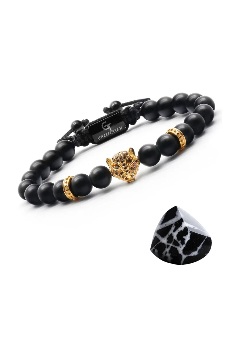 Lunnora Black Black Onyx Beads Handmade Natural Stone Bead Bracelet – Bracelet for Men, Men’s Bracelet, Gifts for Men, Bracelets for Men – With Golden Leopard Head, Adjustable One Size Fits All for Men | Best Price UAE