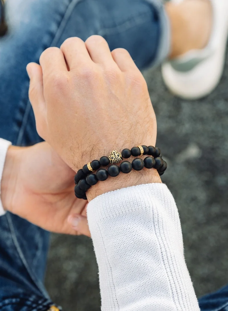 Lunnora Black Black Onyx Beads Handmade Natural Stone Bead Bracelet – Bracelet for Men, Men’s Bracelet, Gifts for Men, Bracelets for Men – With Golden Leopard Head, Adjustable One Size Fits All for Men | Best Price UAE