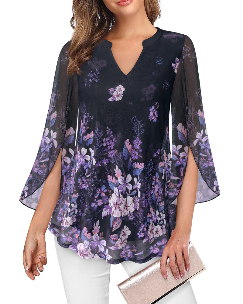 VALOLIA Ladies Tops and Blouses Classy: Resort Wear - Peasant Blouses for Women - Flowy Tops for Women Plus Size Summer Outfits Double Layer Tummy Hide Vacation Tunic for Spring Summer M Black Violet - Image 2