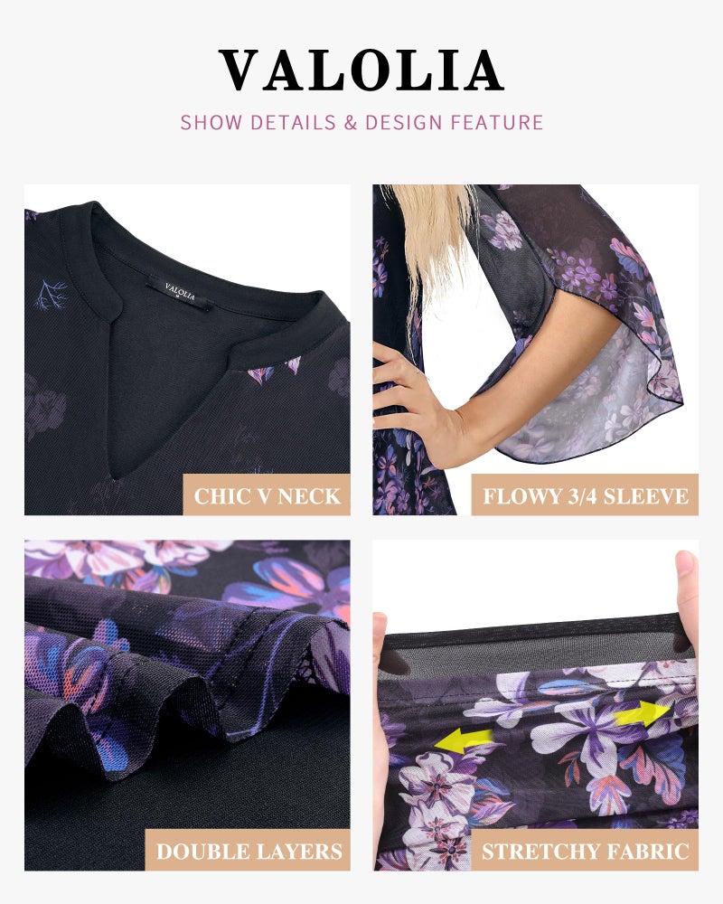 VALOLIA Ladies Tops and Blouses Classy: Resort Wear - Peasant Blouses for Women - Flowy Tops for Women Plus Size Summer Outfits Double Layer Tummy Hide Vacation Tunic for Spring Summer M Black Violet - Image 5