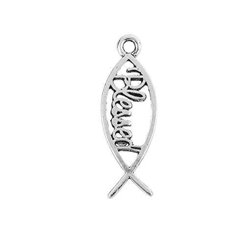 JGFinds Blessed Fish Charms, Spiritual Message Silver Tone, 36 Pack of Bracelet Charms Jewelry Making Quotes for Keychains - Encouragement Inspirational Courage Sayings - Image 2