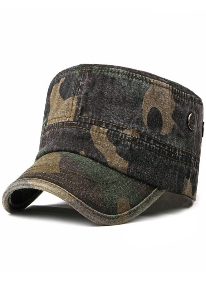 FASHIXD Military Flat Top Cap, Washed Cotton Vintage Adjustable Cadet Army Camo Hat, Outdoor Camping Baseball Cap for Men Women (US, Alpha, One Size, Military Green) - Image 1