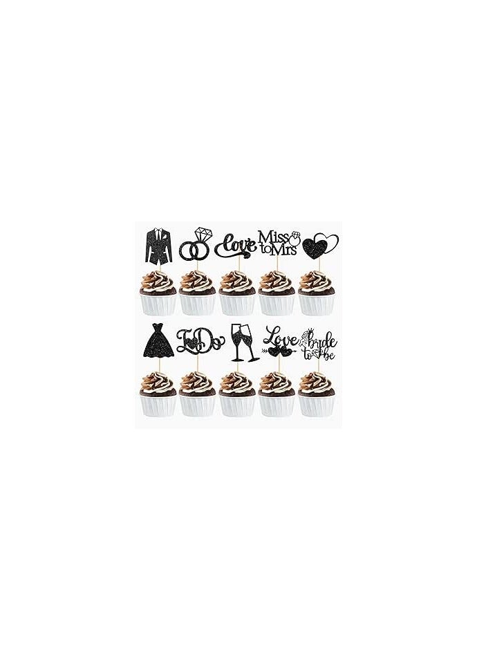 60 Pcs Bride to be Cupcake Toppers,Glitter Wedding Cupcake Toppers I Do Love Heart Ring Cupcake Picks for Bridal Shower Wedding Engagement Party Supplies,Black 