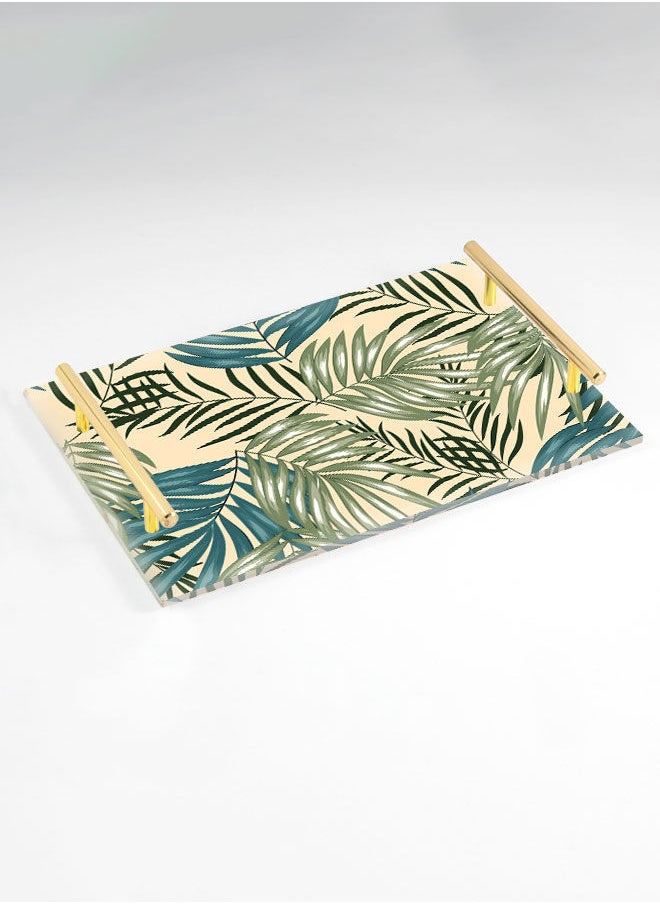 LOWHA Decorative Acrylic Serving Tray with Gold Color Metal Handles Tropical Palm Leaf 20x30cm  - Image 1