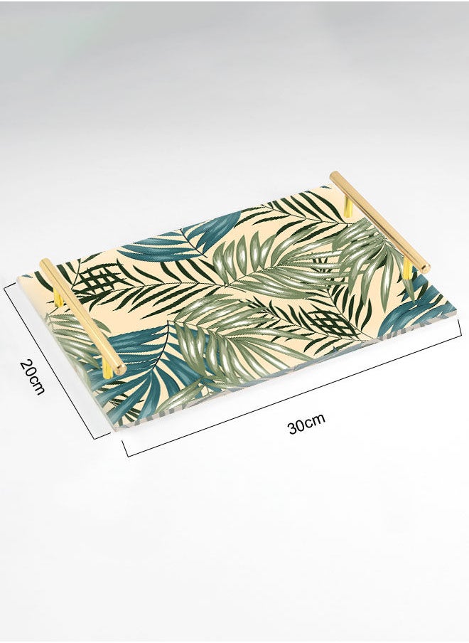 LOWHA Decorative Acrylic Serving Tray with Gold Color Metal Handles Tropical Palm Leaf 20x30cm  - Image 2