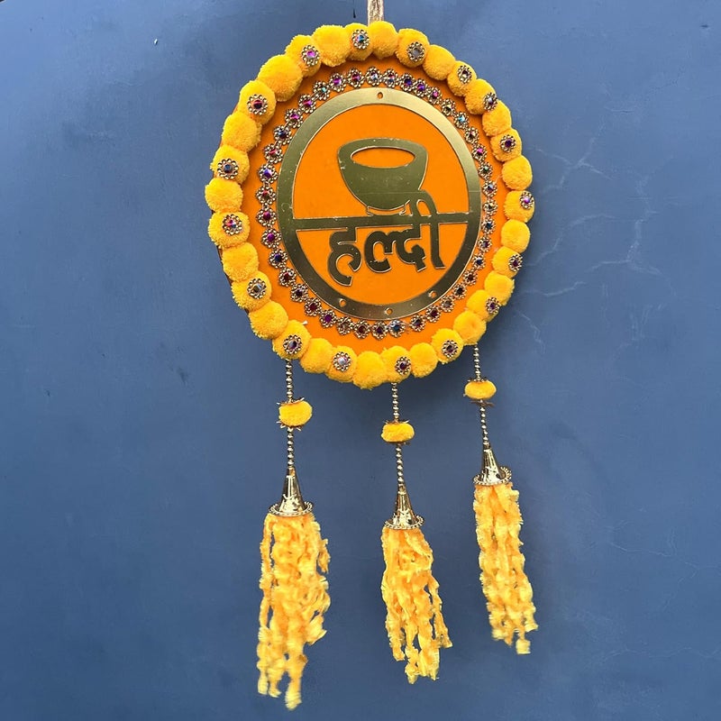THEBRANDLO Decorative Haldi Decorations Door Board Home Decoration Items for Wedding Ceremony Haldi Mehndi Subh Vivah Shadi Wala Ghar Hanging Round Decoration Yellow Gold Embellishments